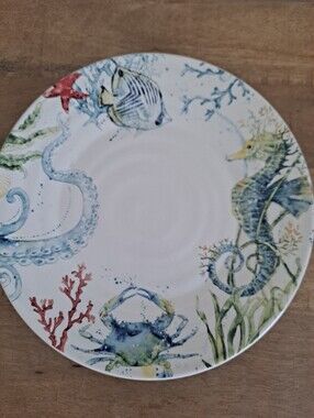 Pier 1 White Ceramic Dinner Plate Sea Life Rare Discontinued  10.75"